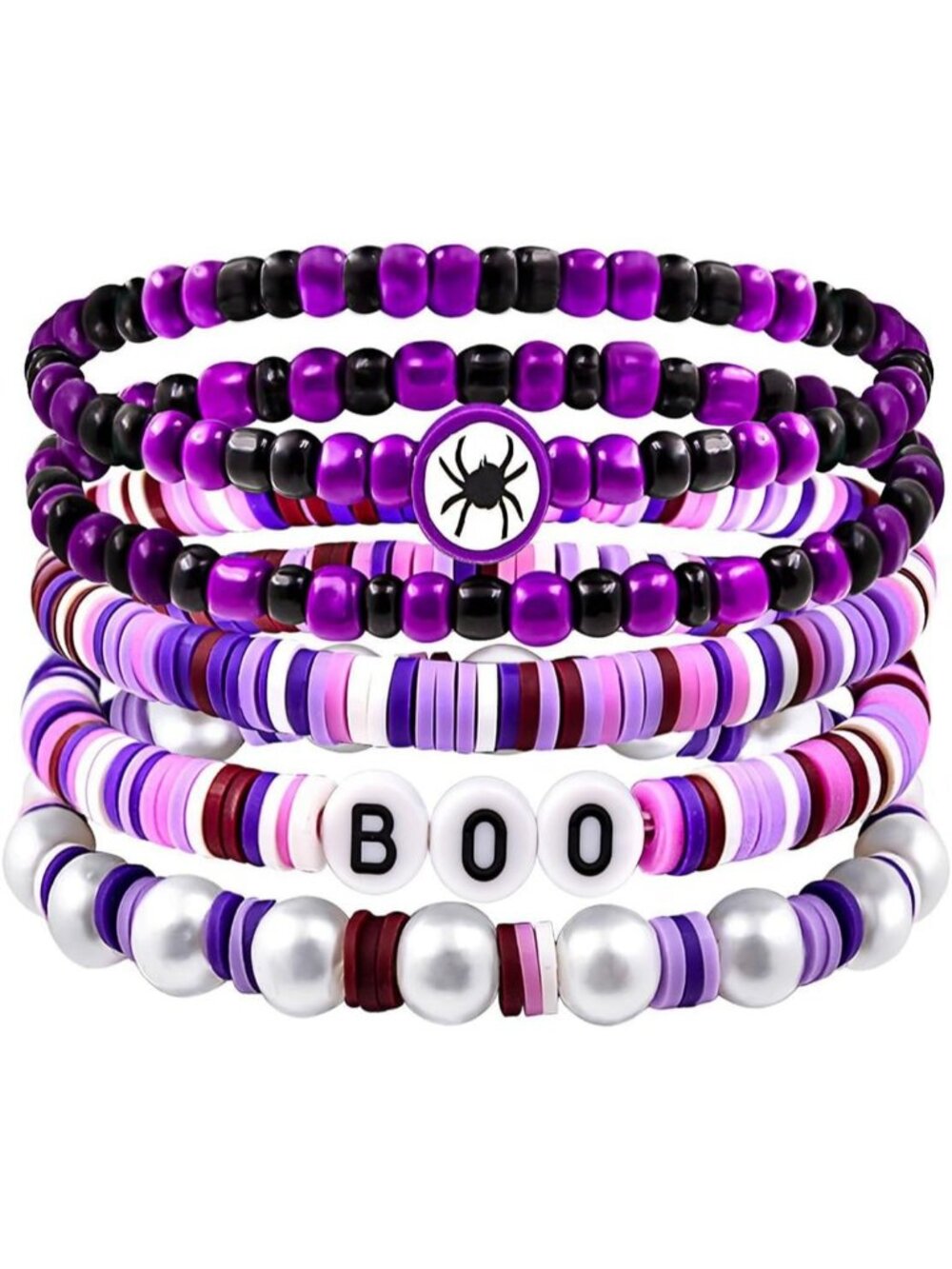 Women's Purple Charm Beaded Stack Pumpkin Skeleton Stretch Halloween Bracelet